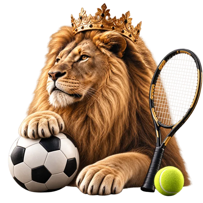 Le lion couronné de Win Pronostic, une patte sur un ballon de football, à côté d'une raquette et d'une balle de tennis